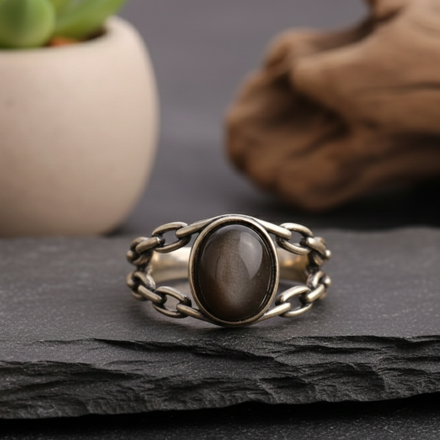 Bague “Confiance Sacrée” en Obsidienne Dorée – Ancrage & Force Intérieure