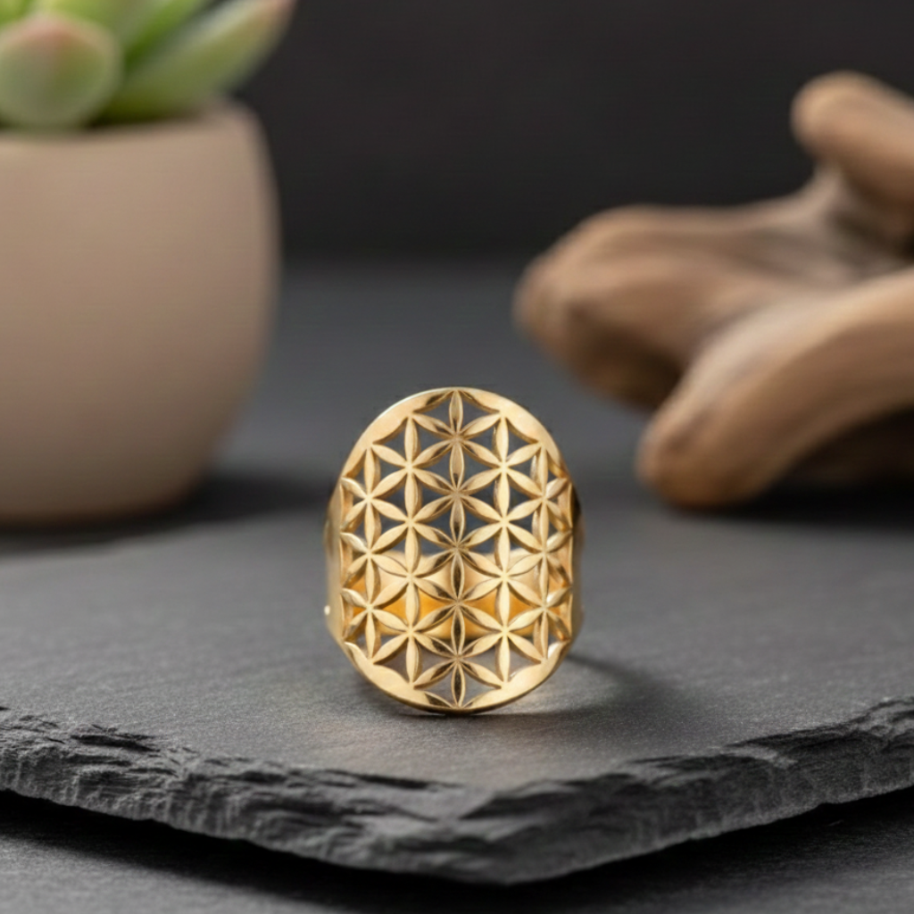Bague “Fleur de Vie” Ajustable – Harmonie Symbolique & Élégance Sacrée