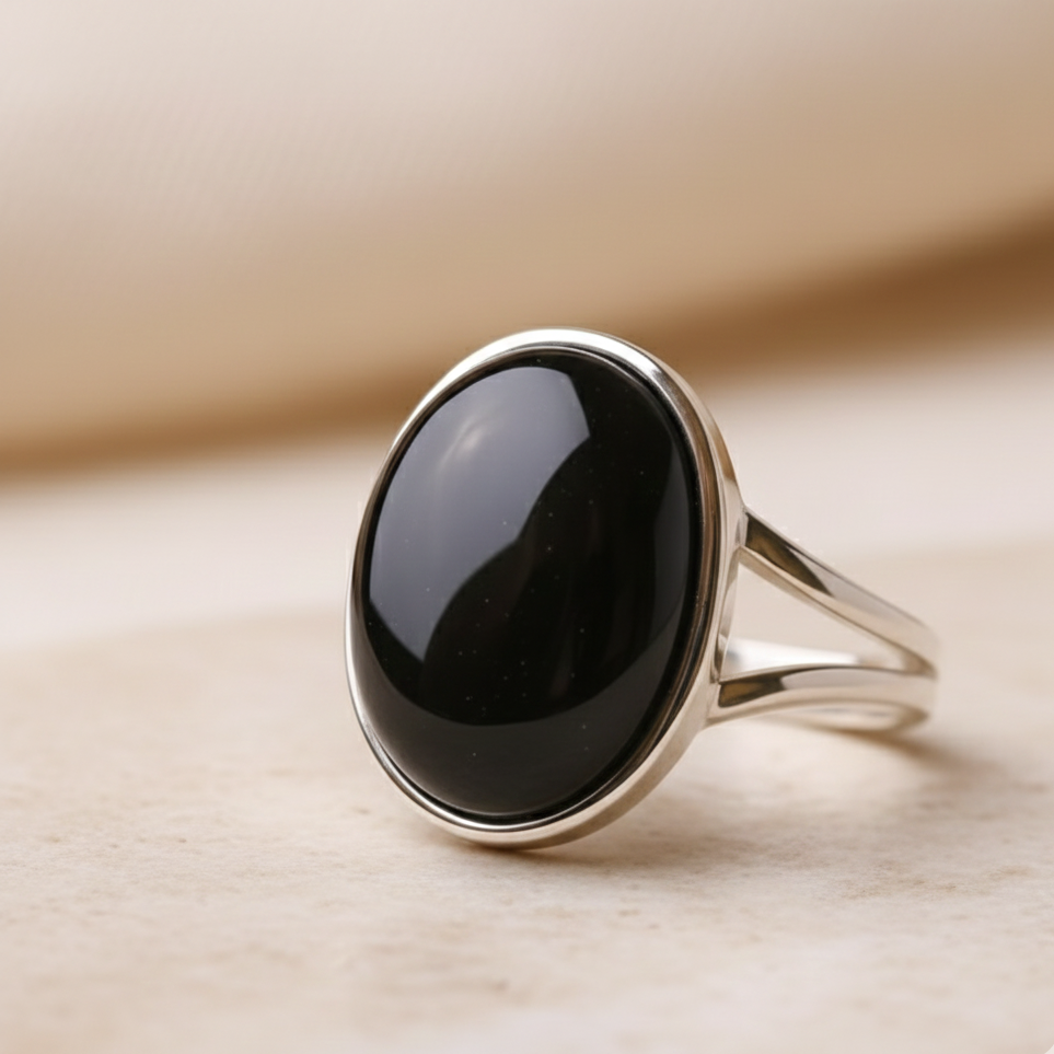 Bague Obsidienne Dorée “Armure Intérieure” – Pierre naturelle – Bague ajustable