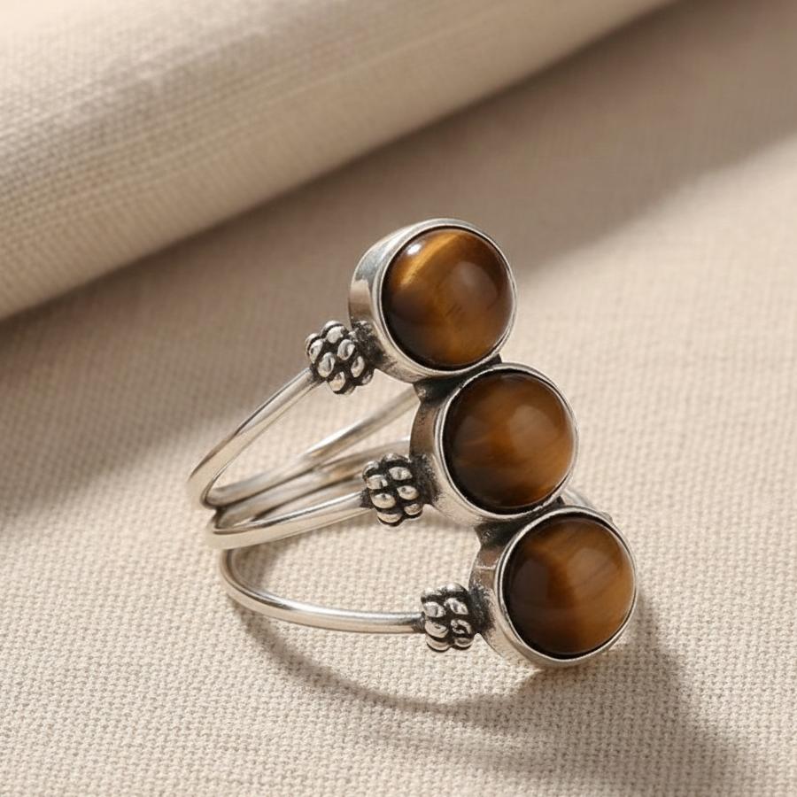 Bague Confiance en Œil de Tigre Naturel & Métal Finition Argent