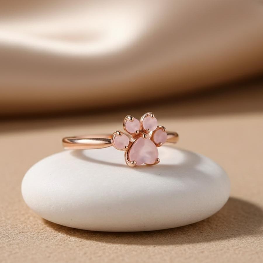 Bague Mon Cœur à Pattes en Quartz Rose Naturel – Ajustable