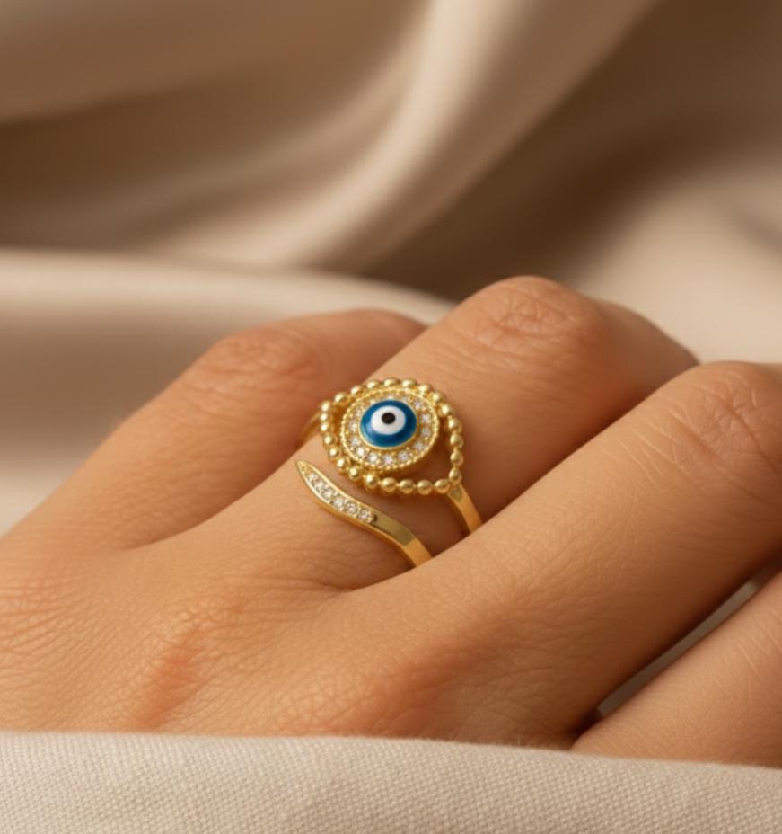 Bague Œil Bleu Porte-Bonheur Ajustable en Métal Finition Argent