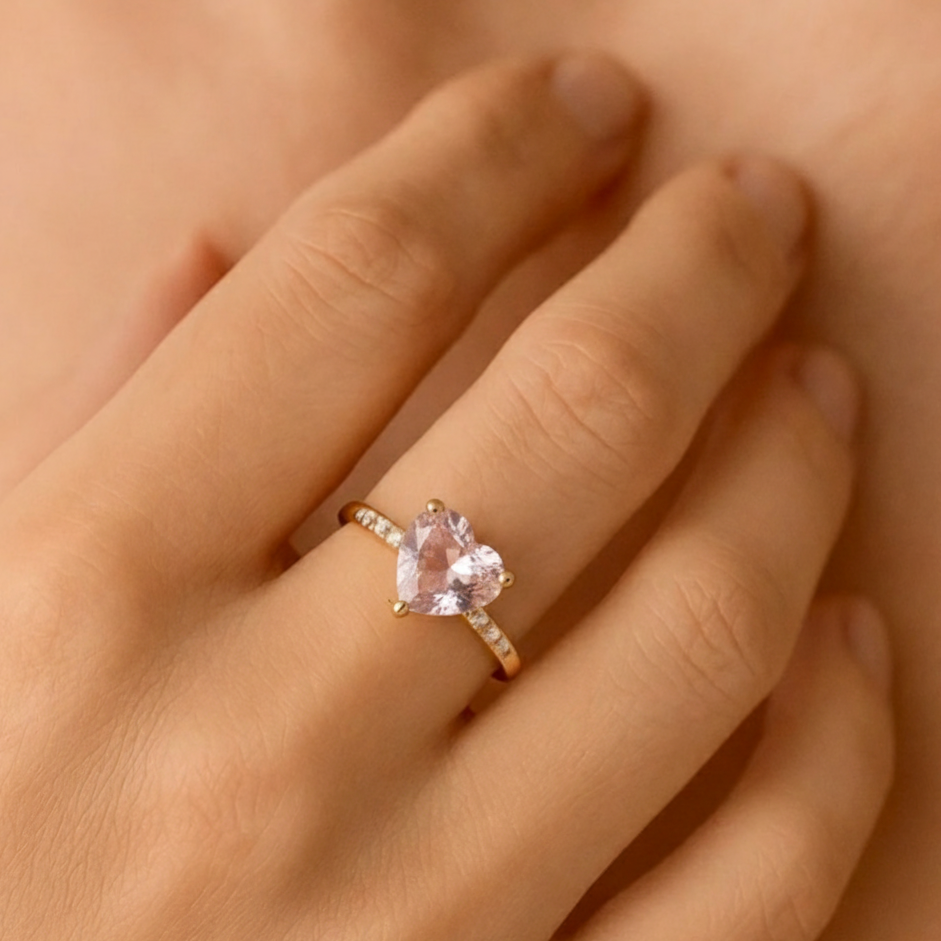Bague Cœur en Quartz Rose “Tendresse Infinie” – Bague ajustable