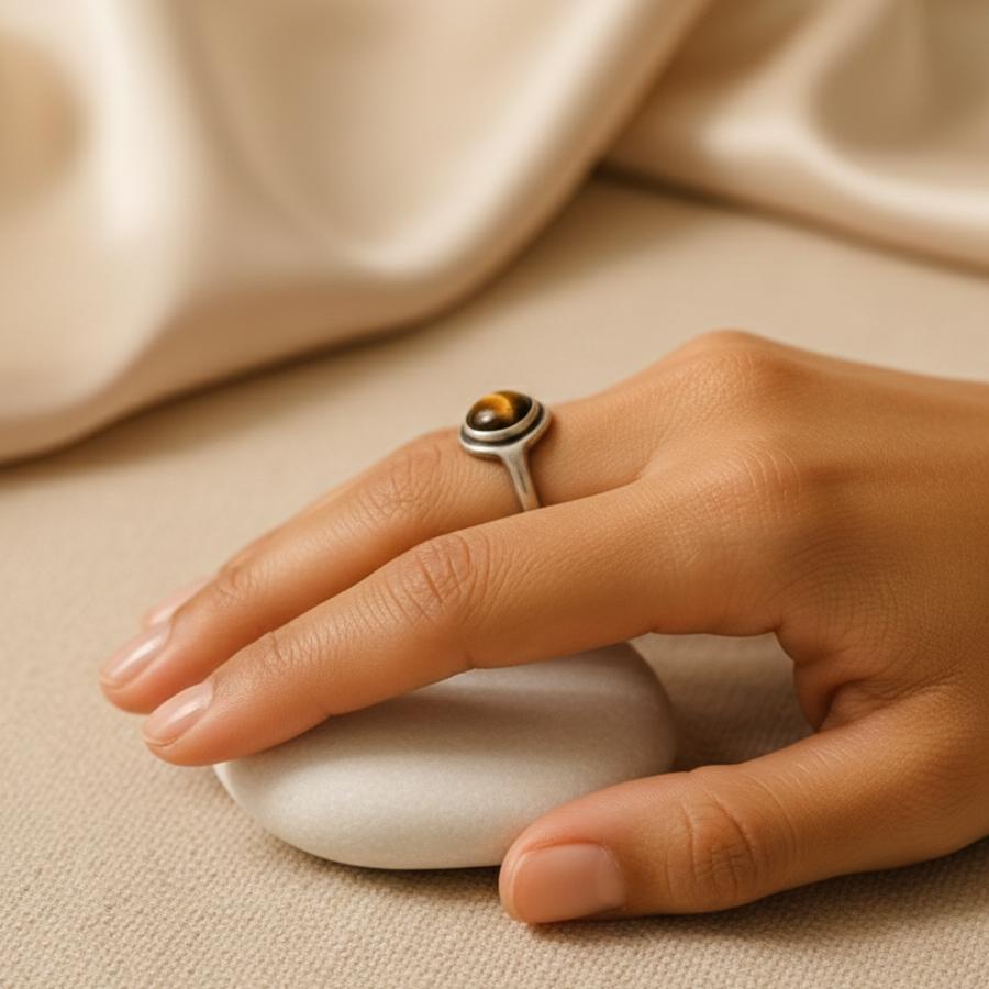 Bague Aura de Tigre en Œil de Tigre Naturel & Métal Finition Argent