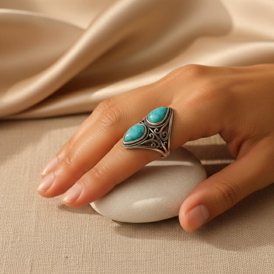 Bague Écho Protecteur en Turquoise Naturelle & Métal Finition Argent