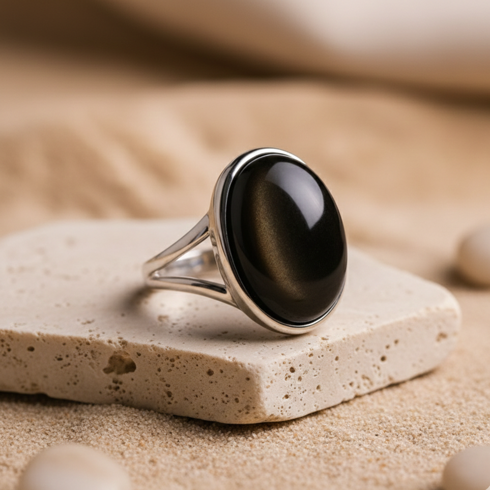 Bague Obsidienne Dorée “Armure Intérieure” – Pierre naturelle – Bague ajustable