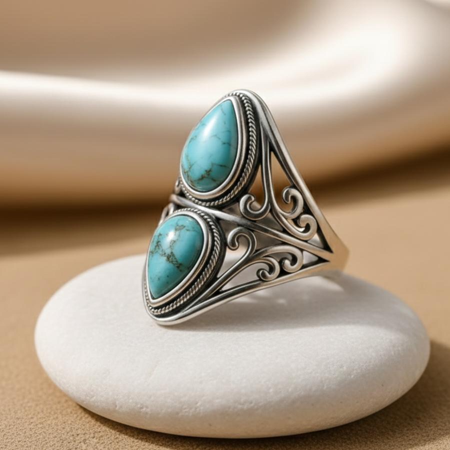 Bague Écho Protecteur en Turquoise Naturelle & Métal Finition Argent