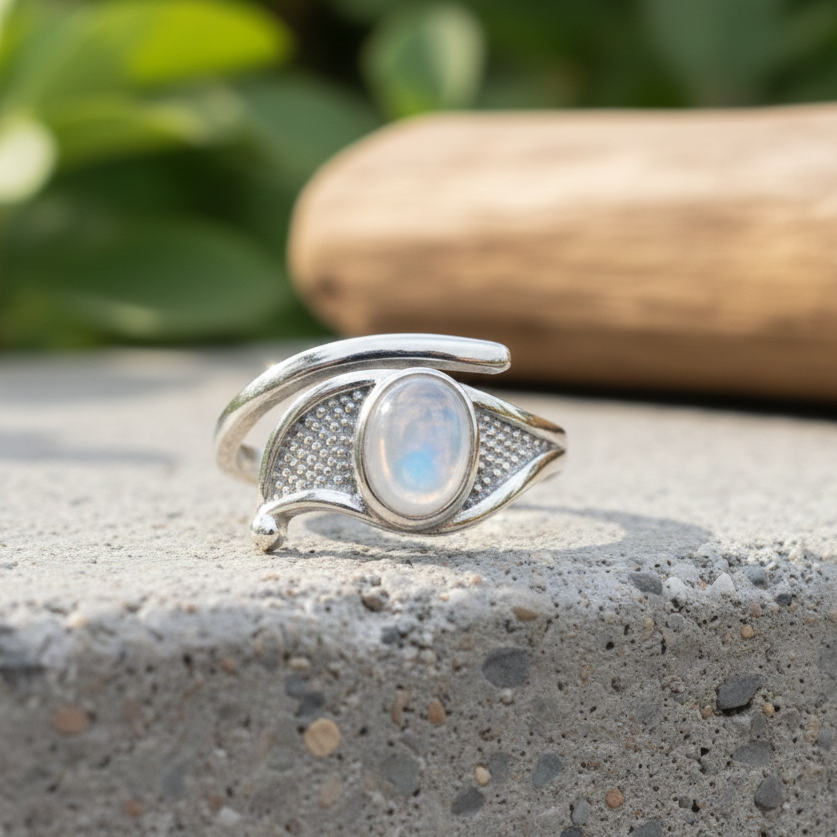 Bague en Labradorite Blanche (Péristérite) – Élégance Minérale & Éclat Naturel