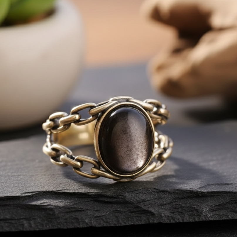 Bague “Confiance Sacrée” en Obsidienne Dorée – Ancrage & Force Intérieure