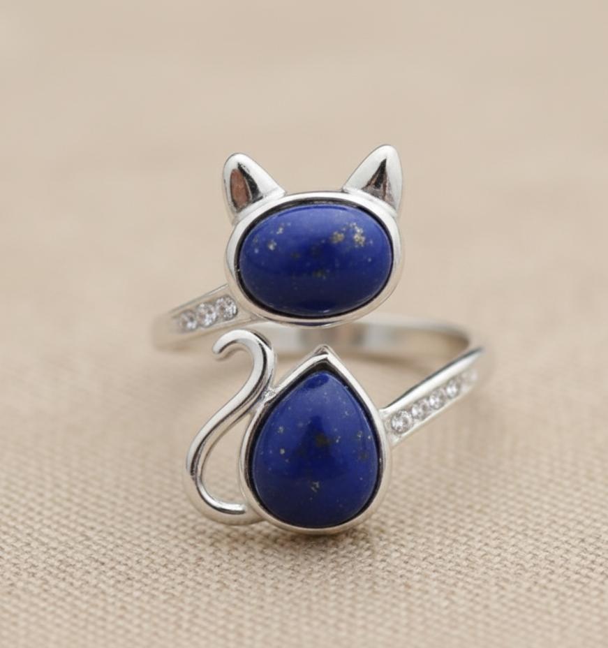 Bague Chat Totem en Lapis Lazuli & Argent 925 Ajustable