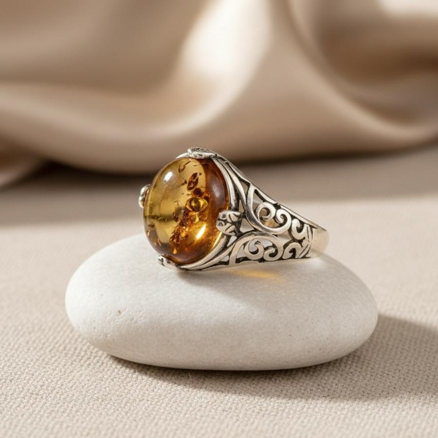 Bague Éclat Solaire en Ambre Naturel & Argent