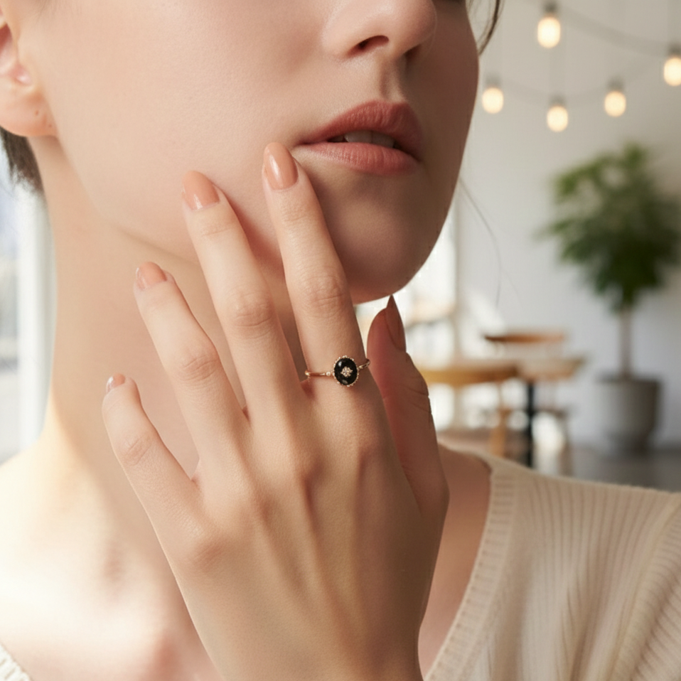 Bague Agate Noire “Charme Nocturne” – Plaqué or – Bague ajustable