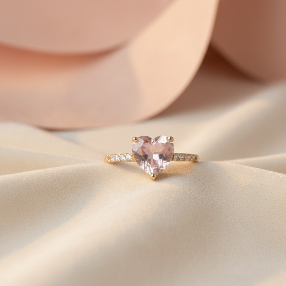 Bague Cœur en Quartz Rose “Tendresse Infinie” – Bague ajustable