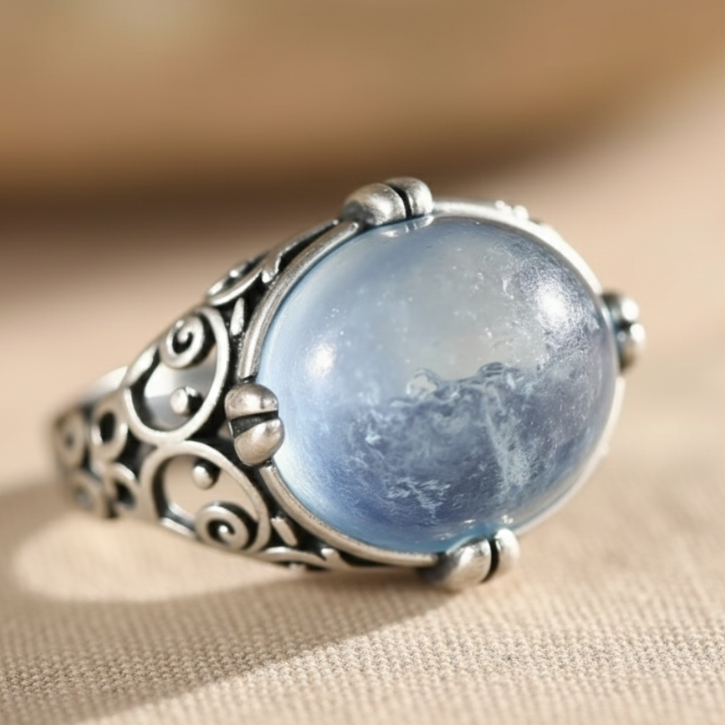 Bague Aigue-Marine “Voix de l’Âme” – Argent – Bague ajustable