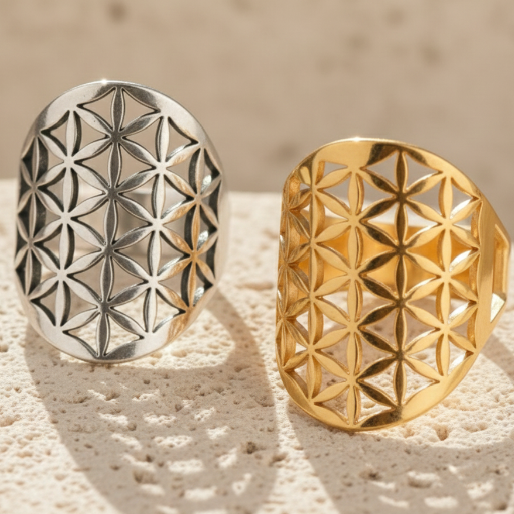 Bague “Fleur de Vie” Ajustable – Harmonie Symbolique & Élégance Sacrée