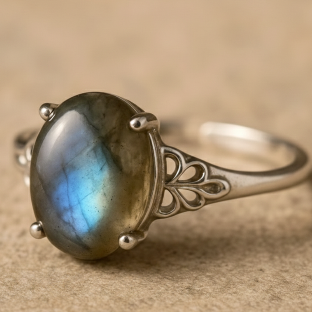 Bague Labradorite “Amara” – Pierre naturelle & argent – Bague ajustable