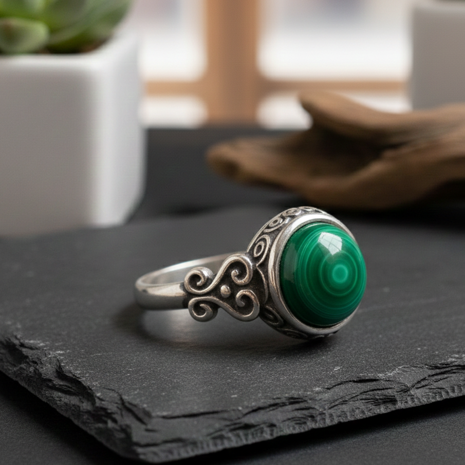 Bague “Protection du Cœur” en Malachite & Argent – Harmonie Émotionnelle & Élégance Intemporelle
