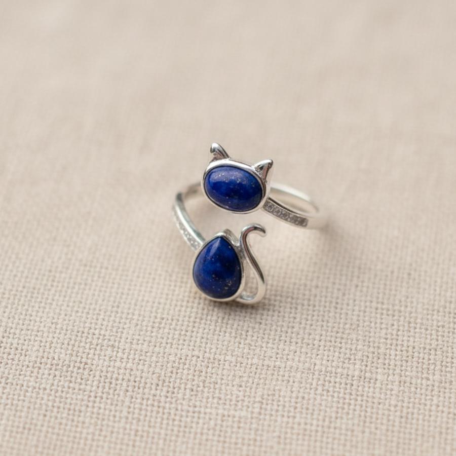 Bague Chat Totem en Lapis Lazuli & Argent 925 Ajustable