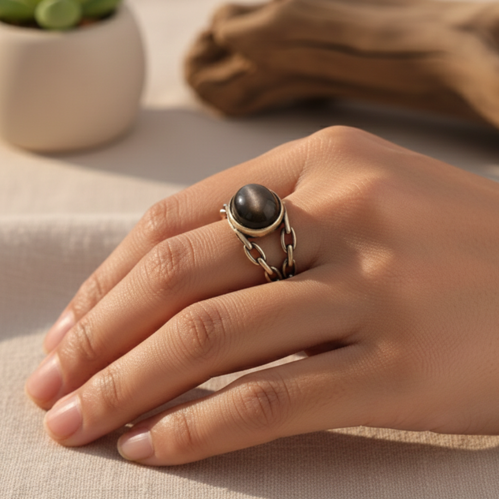Bague “Confiance Sacrée” en Obsidienne Dorée – Ancrage & Force Intérieure