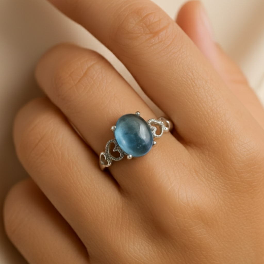 Bague Aigue-Marine “Cristal de Mer” – Pierre naturelle & argent – Bague ajustable