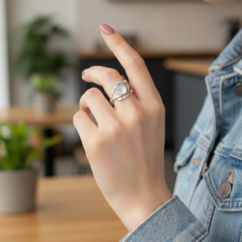 Bague en Labradorite Blanche (Péristérite) – Élégance Minérale & Éclat Naturel