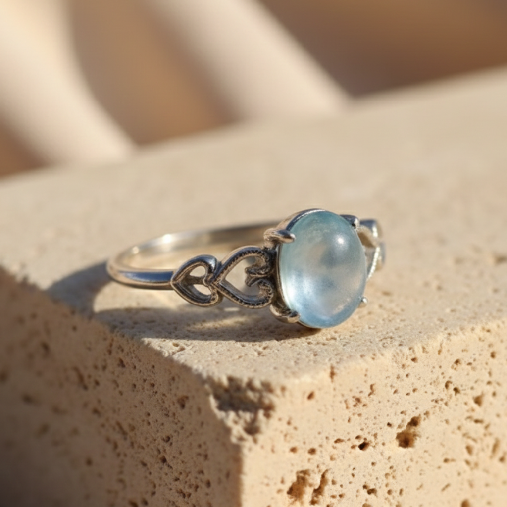 Bague Aigue-Marine “Cristal de Mer” – Pierre naturelle & argent – Bague ajustable
