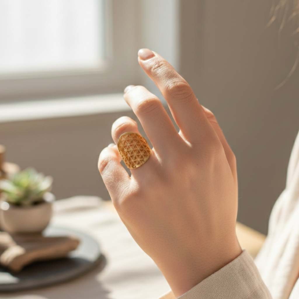 Bague “Fleur de Vie” Ajustable – Harmonie Symbolique & Élégance Sacrée