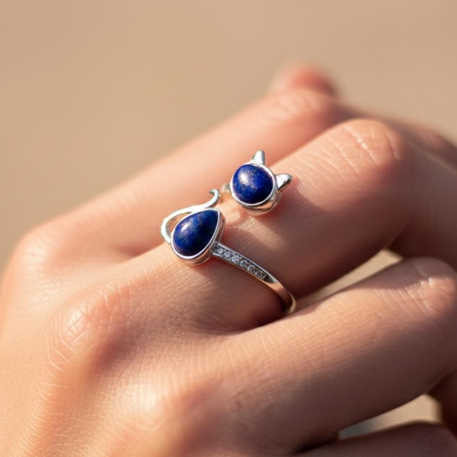 Bague Chat Totem en Lapis Lazuli & Argent 925 Ajustable
