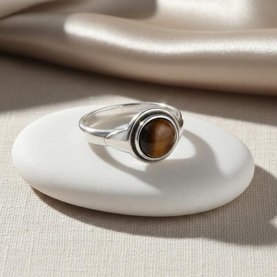 Bague Aura de Tigre en Œil de Tigre Naturel & Métal Finition Argent