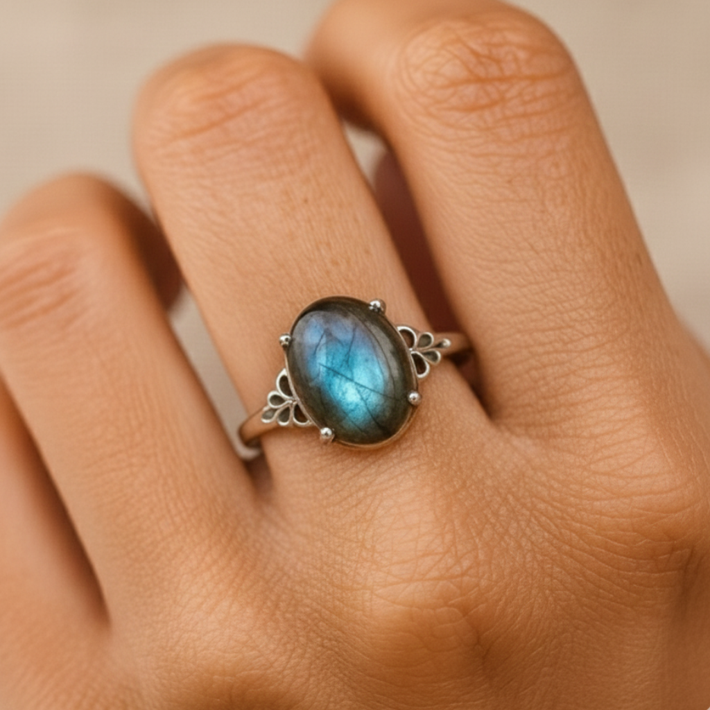 Bague Labradorite “Amara” – Pierre naturelle & argent – Bague ajustable