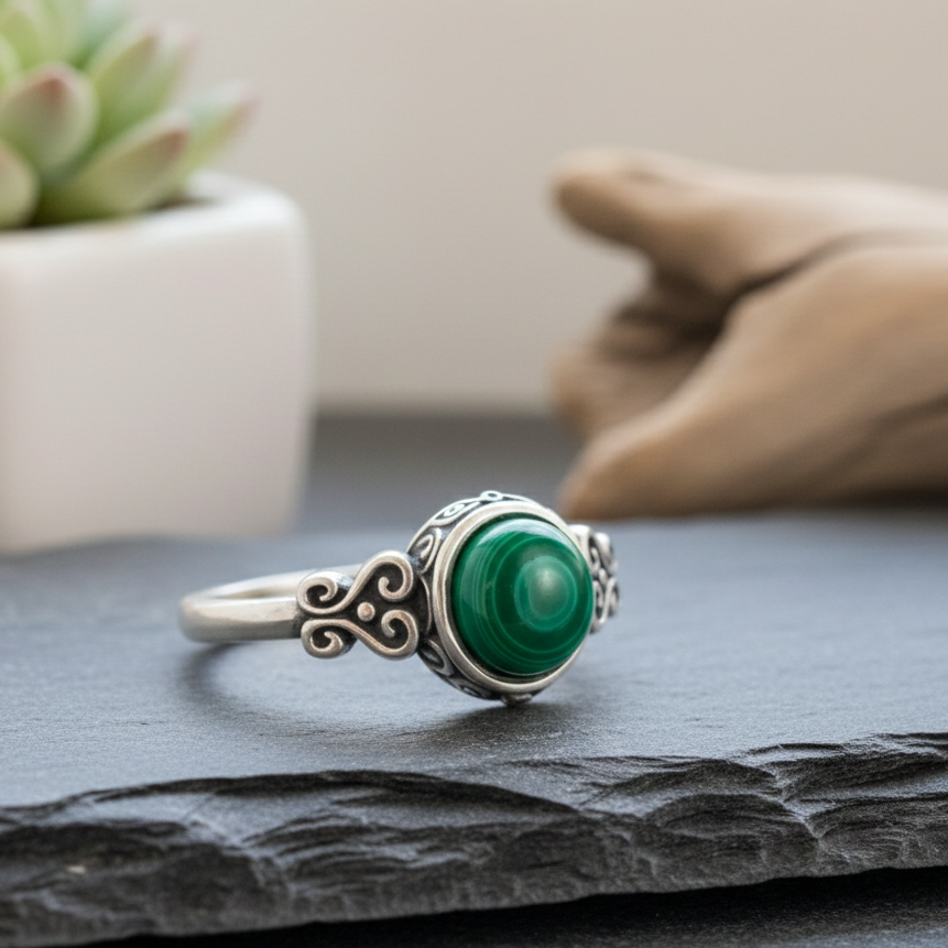 Bague “Protection du Cœur” en Malachite & Argent – Harmonie Émotionnelle & Élégance Intemporelle