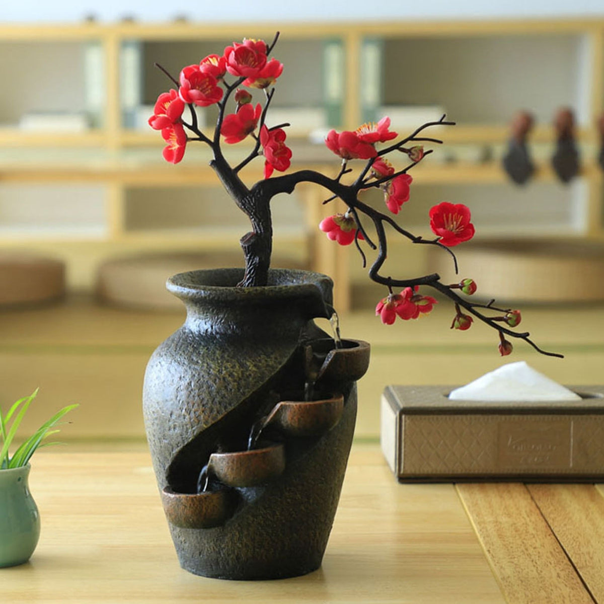 Fontaine Japonaise Sakura d’Intérieur avec Cerisier en Fleurs, Style Zen & Feng Shui