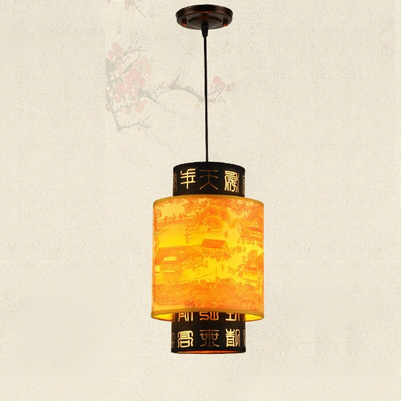 Lampe Suspendue Japonaise en Bois aux Symboles Traditionnels, Lumière Zen Douce