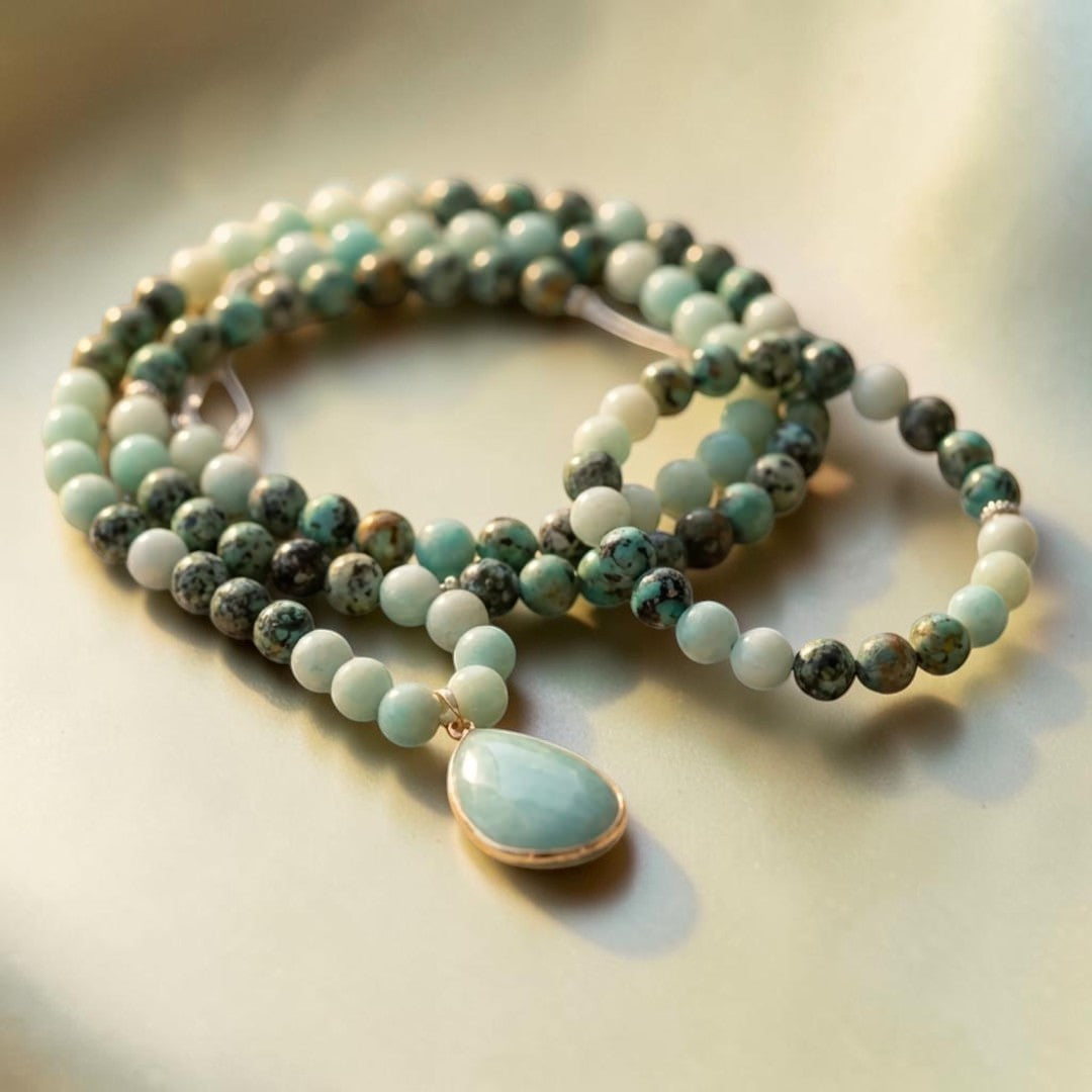 Collier Mala Lâcher Prise en Amazonite & Turquoise Africaine