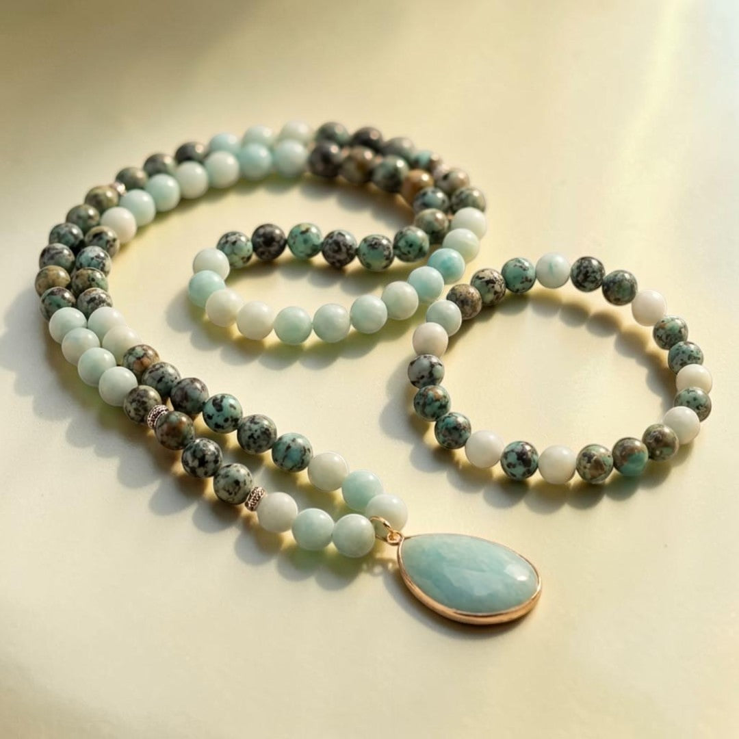 Collier Mala Lâcher Prise en Amazonite & Turquoise Africaine