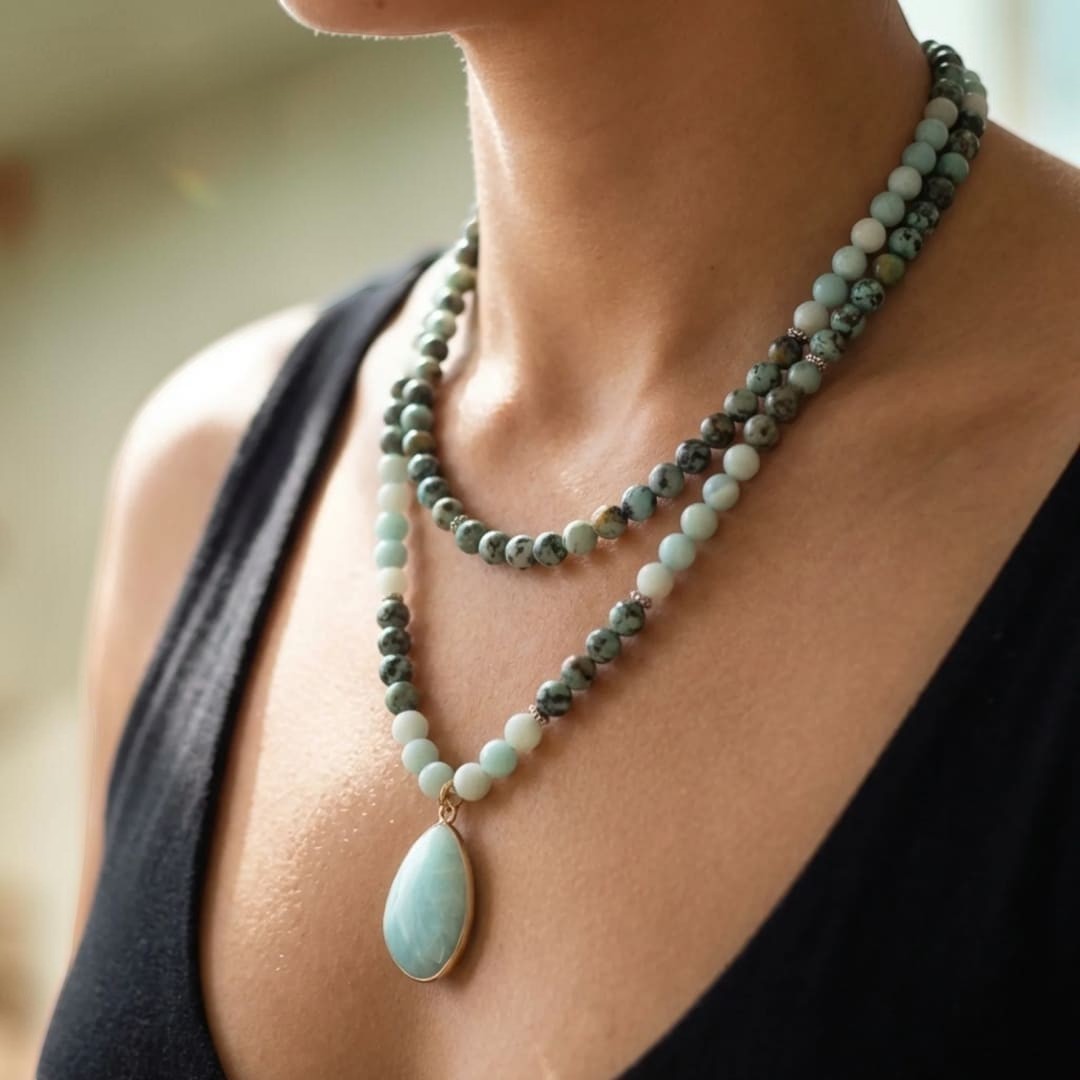 Collier Mala Lâcher Prise en Amazonite & Turquoise Africaine