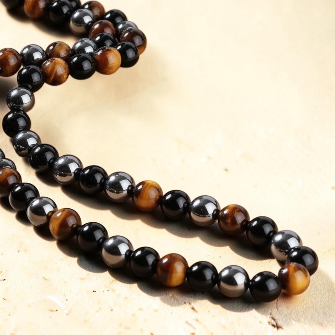 Collier 3 Protections en Hématite, Obsidienne & Oeil de Tigre