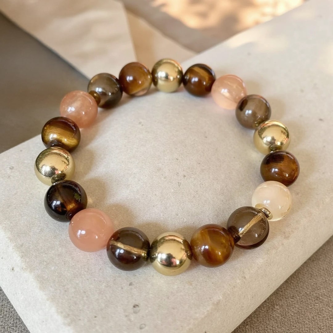 Bracelet Énergie Solaire en Quartz Fumé, Oeil de Tigre & Quartz Rutile Doré
