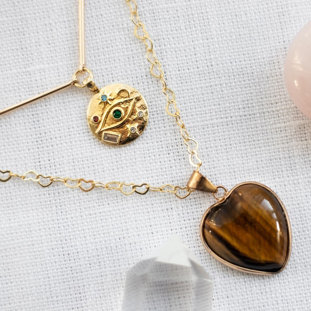 Collier Double Coeur Protecteur en Oeil de Tigre