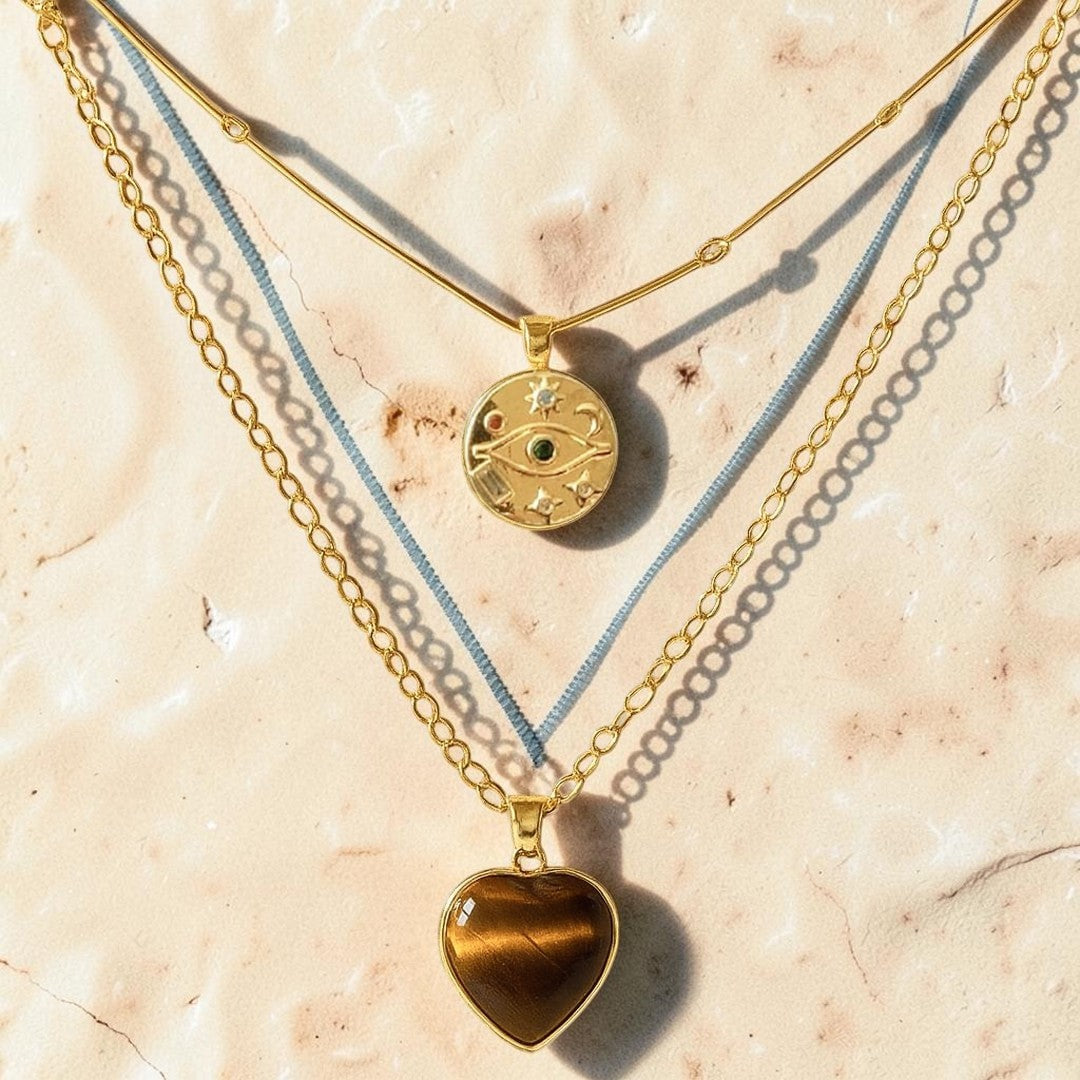 Collier Double Coeur Protecteur en Oeil de Tigre