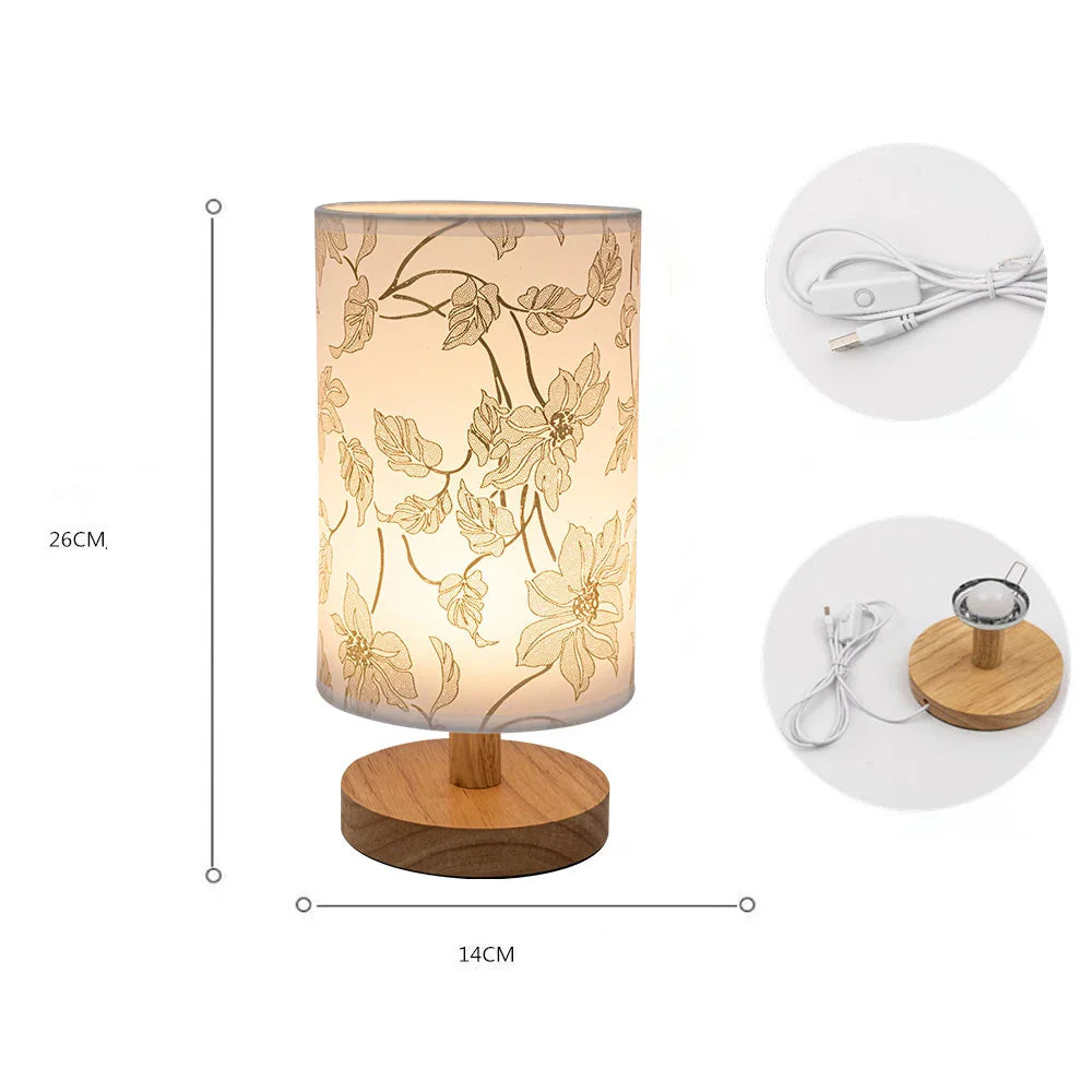 Lampe de Chevet Florale en Bois & Tissu, Lumière LED Douce et Apaisante