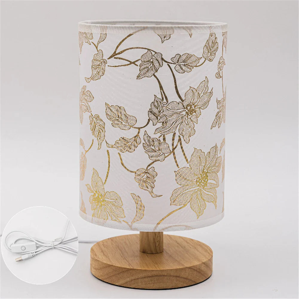 Lampe de Chevet Florale en Bois & Tissu, Lumière LED Douce et Apaisante