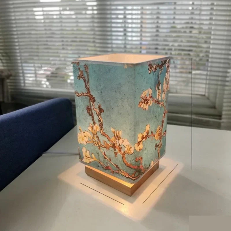 Lampe de Table Japonaise Bleue Fleurie en Bois & Métal, Lumière Zen Raffinée