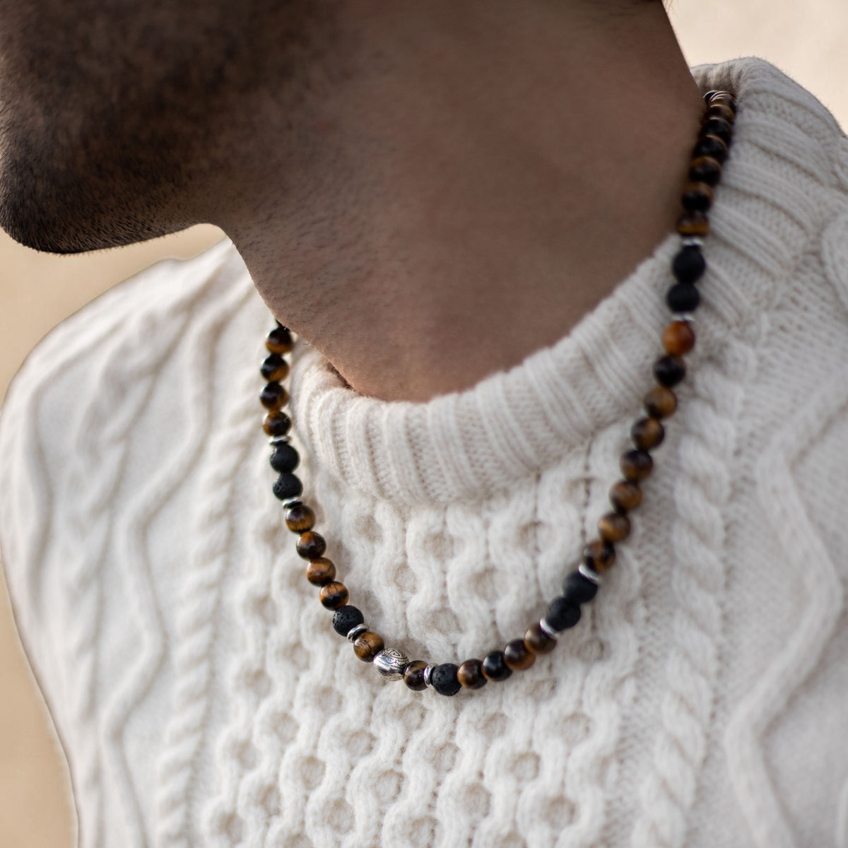 Collier Énergie Terre & Feu en Pierre de Lave & Oeil de Tigre