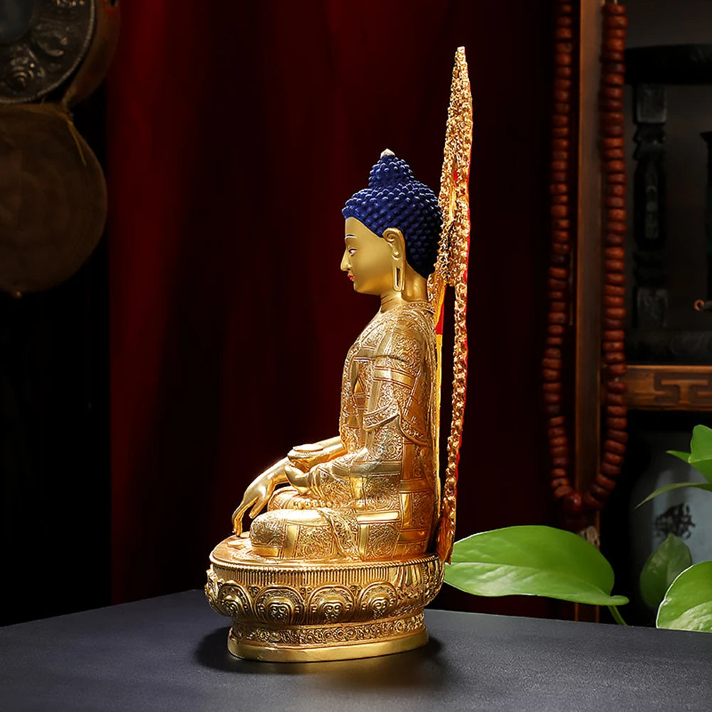 Ornement de bouddha Sakyamuni doré de 8 pouces, figurine en cuivre du bouddha, icônes ésotriques, petit ornement de bureau de culte à la maison