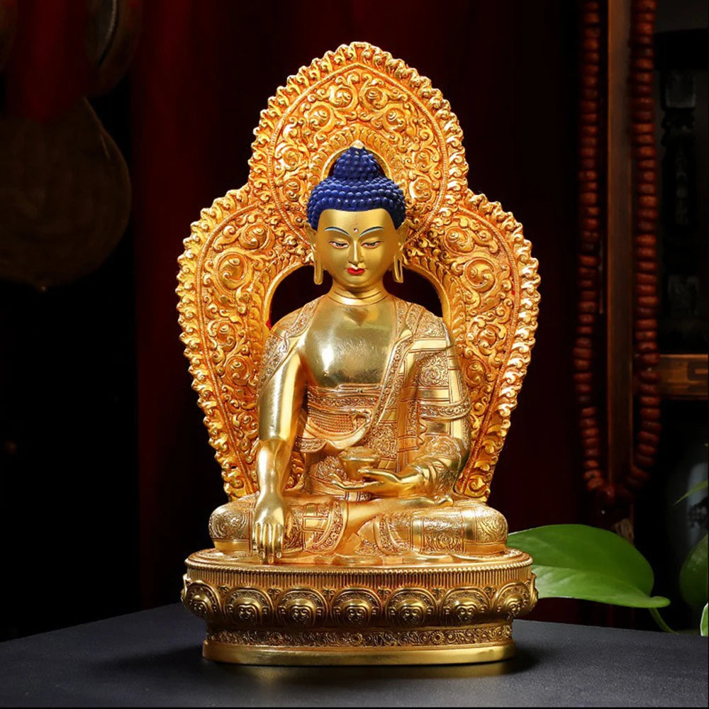 Ornement de bouddha Sakyamuni doré de 8 pouces, figurine en cuivre du bouddha, icônes ésotriques, petit ornement de bureau de culte à la maison