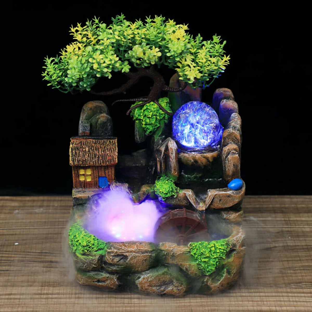 Fontaine Japonaise d’Extérieur avec Brume, LED et Arbre Décoratif
