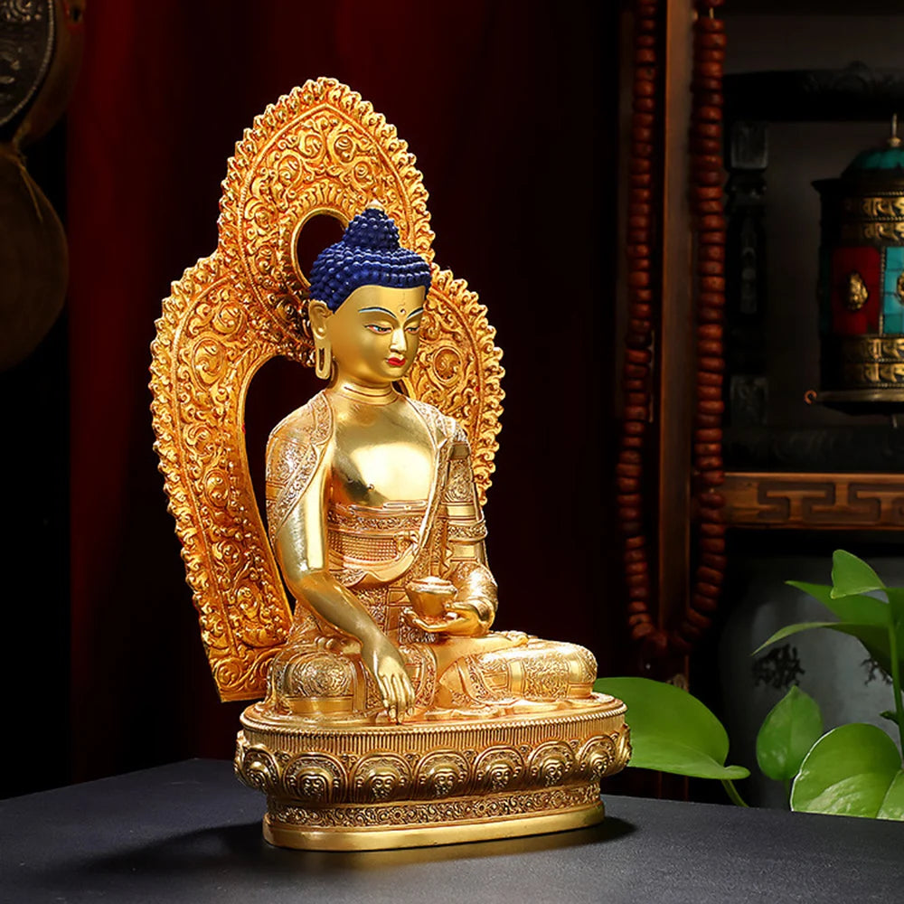 Ornement de bouddha Sakyamuni doré de 8 pouces, figurine en cuivre du bouddha, icônes ésotriques, petit ornement de bureau de culte à la maison