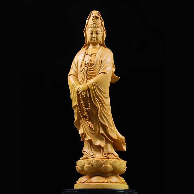 Statue Japonaise Guan Yin en Bois Massif | Sculpture Zen Compassion & Sérénité