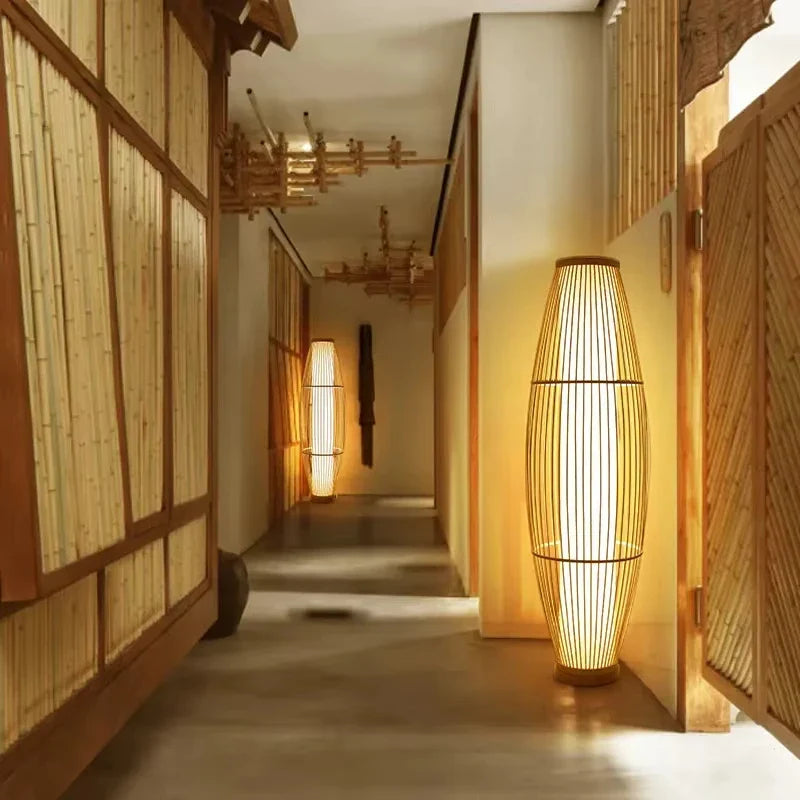Grande Lampe Japonaise en Bambou & Bois, Luminaire Zen Élégant